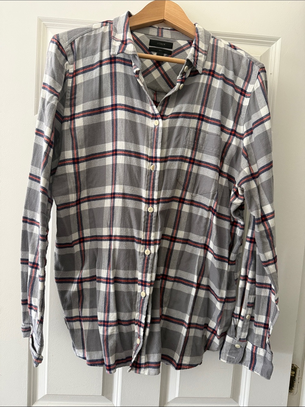 J.Crew Boy Shirt Plaid Flannel Button-Up Gray Red White Size [Size: 16 Women]